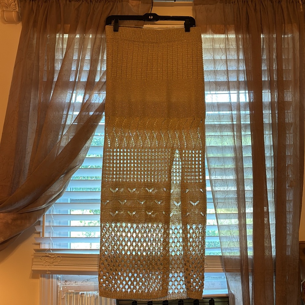 Gold Threaded Light Tan Knit Maxi Skirt - Picture 4 of 14